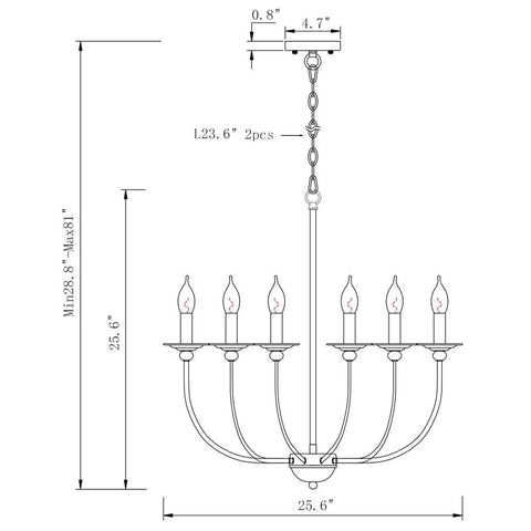 Diagram of Black Farmhouse 6 Light Wrought Iron Chandelier Pendant Fixture for dimensions and installation details