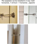 Stainless Steel Heavy Duty Gate Hook and Eye Latch for Door Window Cabinet shown in three installation orientations on doors.