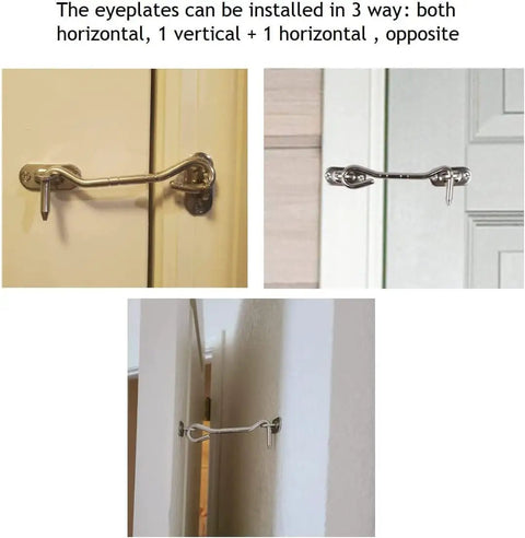 Stainless Steel Heavy Duty Gate Hook and Eye Latch for Door Window Cabinet shown in three installation orientations on doors.