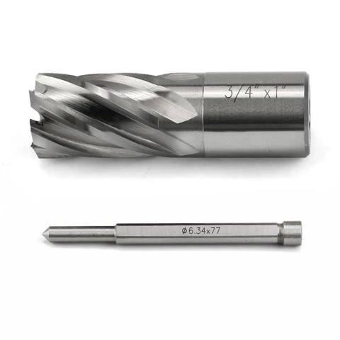 No Nonsense HSS Annular Cutter 3/4 Inch Cut Dia With 3/4 Weldon Shank 1 Inch Depth shown with pilot pin for precision metal work.