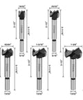 Five-piece woodworking hinge hole drill bit set (15–35 mm) with silver shanks and dark heads.