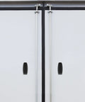 Sturdy Black Truck Rv Baggage Door Catches Clips on white trailer doors with black handle, designed for camper and trailer use.