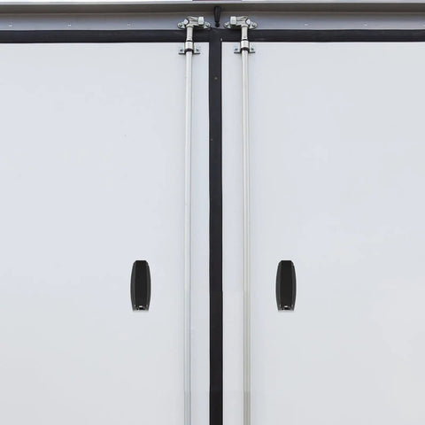 Sturdy Black Truck Rv Baggage Door Catches Clips on white trailer doors with black handle, designed for camper and trailer use.