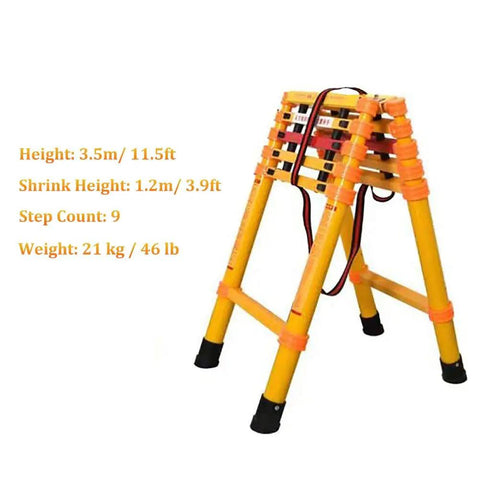 Heavy Duty Non Conductive Frp Telescoping Ladder Built Tough For Live Electrical Grind With Rock Solid Three Hundred Thirty Pound Rating And Quick Foldaway Design For Easy Hauling, 11.5ft height.