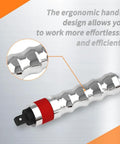 Ergonomic handle of 35 Piece Impact Driver Set With One Half Inch And Three Eighth Inch Reversible Bits And Extractor S2 Steel.