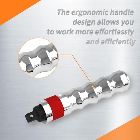Ergonomic handle of 35 Piece Impact Driver Set With One Half Inch And Three Eighth Inch Reversible Bits And Extractor S2 Steel.