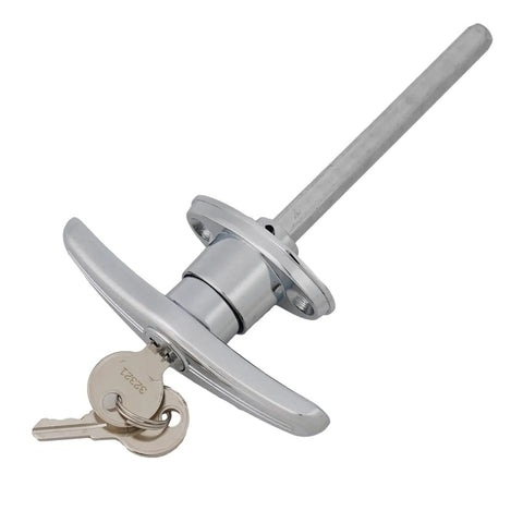 Zinc Alloy T Handle Lock With Rear Fix, Keyed Differ For Caravan RV Trailer Shed And Campervan, Silver, with keys inserted