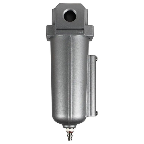 Heavy Duty 1/2 Inch Compressed Air Line Moisture And Water Filter Trap With Badass 5 Micron Cartridge showing metal drain bowl and sight glass.