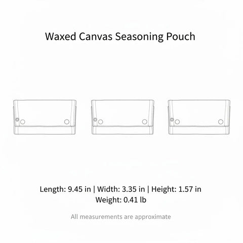 Waxed Canvas Spice Roll Organizer For Camping And Travel with dimensions and weight shown, empty pockets visible.