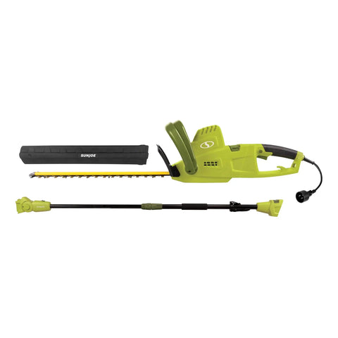 Multi Angle Telescoping Electric Hedge Trimmer With Convertible Pole To Handheld 19 Inch Blade 4.5 Amp shown with accessories