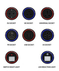 Sleek Concealed Power Track Socket Offering Four Dedicated Plug Outlets For Lowkey Kitchen Counter Organization And Modern Home Electrical Flexing Heavy Duty Sandblasted Aluminum Finish with various socket types displayed.