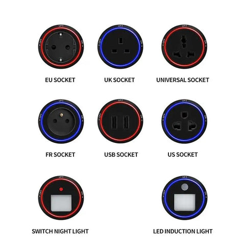Sleek Concealed Power Track Socket Offering Four Dedicated Plug Outlets For Lowkey Kitchen Counter Organization And Modern Home Electrical Flexing Heavy Duty Sandblasted Aluminum Finish with various socket types displayed.