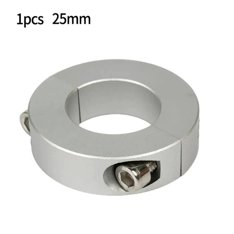 Rock Solid And Built Like A Tank Adjustable Double Split Shaft Collar Clamp Ring Bearing Backstop Spacer with silver anodized finish, 25mm size.