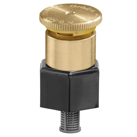 Rock Solid Brass Shrub Sprinkler Adapter With Adjustable Pattern Spray Nozzle for watering trees and shrubs, integrated filter included.