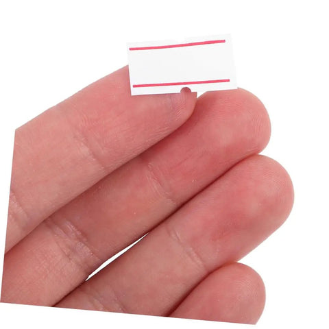 Close-up of hand holding Self Adhesive Price Tag Labels For Price Tag Machine, 10 Rolls, 6000 Pieces, white label with red lines