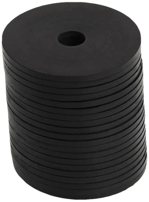 Neoprene Fender Washer Set 1/4 Inch Thick, 1-1/4 Inch Outer Diameter, 20 Pack Black stacked showing round, thick design.