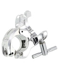 Top Shelf 1.5 Inch Chrome Drum Rack T Leg Clamp With Pro Quick Release Wingnut 90 Degree Inline T Connector close-up view.