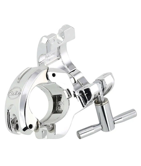 Top Shelf 1.5 Inch Chrome Drum Rack T Leg Clamp With Pro Quick Release Wingnut 90 Degree Inline T Connector close-up view.