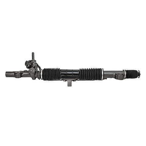 Premium Heavy Duty Power Steering Rack And Pinion Assembly Fits 2001 Through 2005 Honda Civic 1.7 Liter Non Hybrid view from side with rubber boot and fittings