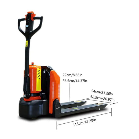 Heavy Duty Electrical Walkie Pallet Jack With Quick Charge Lithium Battery And Handles Like Butter For Tight Warehouse Spaces side view with dimensions.