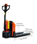 No Sweat Compact Electric Pallet Jack Uses 3300 Lbs Capacity And Removable Lithium Battery to show dimensions and features.