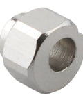 Close-up of a shiny steel eccentric spacer nut, 5mm bore, designed to upgrade your 3D prints with this 20-pack of eccentric spacer nuts.