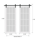 Sturdy Double Barn Door Kit With White Silk Panels And Black Glass, 72x96 Inches (Two 36x96 Slabs) installation diagram with measurements