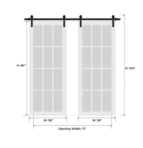 Sturdy Double Barn Door Kit With White Silk Panels And Black Glass, 72x96 Inches (Two 36x96 Slabs) installation diagram with measurements