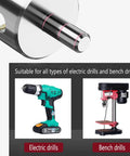 1/4-inch diamond hole saw set, 11 pcs, for glass/tiles, shown with electric drill and drill press icons