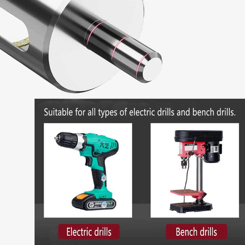 1/4-inch diamond hole saw set, 11 pcs, for glass/tiles, shown with electric drill and drill press icons