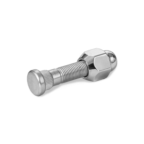 4 Piece M12x1.25 Wheel Lug Stud Nut Set For Nissan And Infiniti Vehicles Chrome lug nut and stud side view on white background