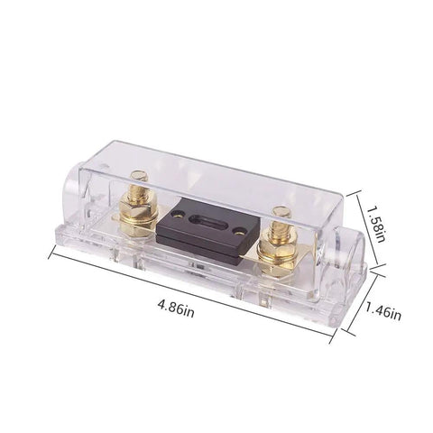 Rock Solid Sixty Amp Anl Fuse Kit With Holder showing a clear casing, copper alloy components, and dimensions for reliable wiring.