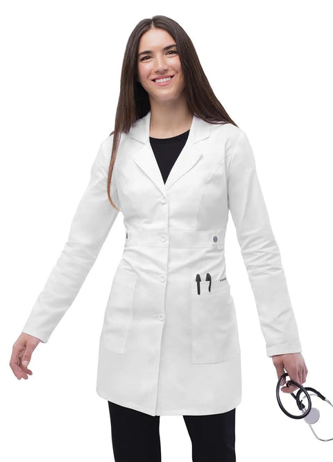 Universal Stretch Lab Coat For Women 36 Inch Tab Waist Medical Lab Coat 3304 White Medium Uniform Scrubs For Nurses