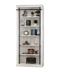 Heavy Duty 8 Ft Tall Wood Bookcase With Distressed White Oak Finish And Slick Industrial Steel Frame, five shelves with decor.