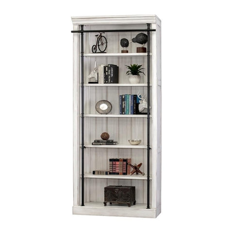 Heavy Duty 8 Ft Tall Wood Bookcase With Distressed White Oak Finish And Slick Industrial Steel Frame, five shelves with decor.