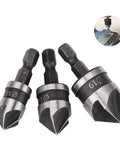 Front view SOCOJE 3-piece countersink drill bit set with 1/4 inch hex shank, 5-flute for wood and metal, sizes 12mm/16mm/19mm.