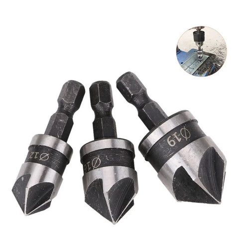 Front view SOCOJE 3-piece countersink drill bit set with 1/4 inch hex shank, 5-flute for wood and metal, sizes 12mm/16mm/19mm.