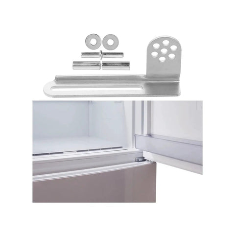 Heavy Duty Galvanized Steel Fridge Door Hinge Set For Universal Refrigerator And Freezer Repair With Anti Pinch Buffer Tight Seal Quiet Close High Load Bearing No Fuss Easy Install Replacement shown next to an open fridge door