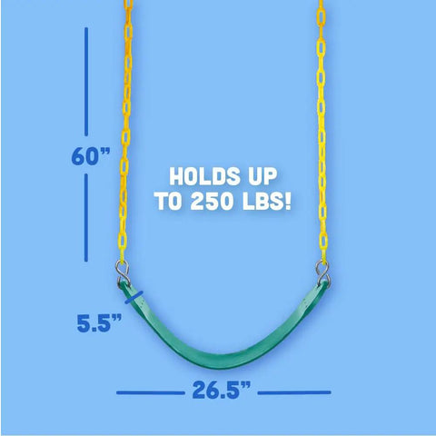 Heavy Duty Strap Swing Seat With Carabiners For Easy Install, 66-inch green seat with yellow chains, holds up to 250 lbs
