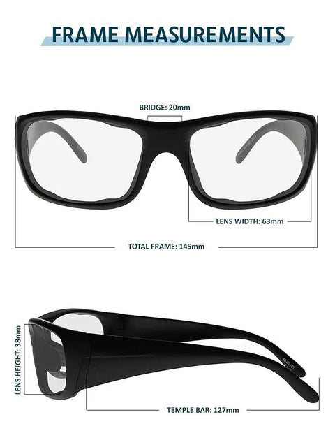 Top Tier Photochromic Safety Glasses With Transition Lenses Shifting Clear To Gray Shades Outdoors Built Different With Wrap Around Design Ansi Z87 Approved And OSHA Compliant For Tough Job Site Grind Impact Resistant frame measurements lens width 63mm bridge 20mm
