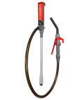 Heavy Duty Portable Battery Powered Fuel Transfer Pump With Flow Control Nozzle And Reinforced Vinyl Hose positioned for use.