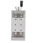 Front view of Rugged Linear Stage With 50mm Travel, Manual Cross Slide Rail For CNC Positioning And Fixturing, Precision Sliding Table For Lab, Workshop Or Production Equipment, Great For Fine Tuning Displacement And Fixture Alignment.