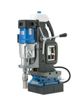 Rock Solid Workhorse Portable Magnetic Mill Drill With Adjustable Base Variable Speed Four Gear Drive Reversible Motor and Power Assist on a workbench.