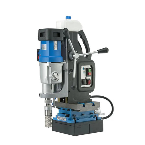 Rock Solid Workhorse Portable Magnetic Mill Drill With Adjustable Base Variable Speed Four Gear Drive Reversible Motor and Power Assist on a workbench.