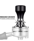 Pro Top Shelf Adjustable Coffee Tamper Built Different With Flat Base Food Safe Stainless Steel Custom Fit For Five Four Eight Mm Machines Designed For Smooth Daily Barista Pulls In Sleek Gray shown with black handle and shiny base.
