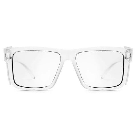 Photochromic Safety Glasses Featuring Blue Light Blocking Armor And Scratch Resistant Glass, front view of glossy clear frame.