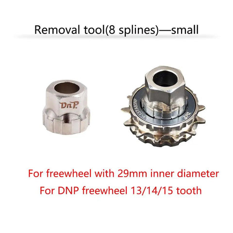 8 Notch Single Speed Freewheel Removal Tool For BMX 29mm Fits 8 Splines 13t 14t 15t Nickel Plated next to a DNP freewheel