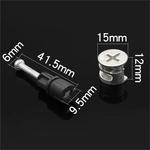 Heavy Duty Top Shelf Cam Lock Hardware Set 50 Pcs 3 In 1 Connector Kit showing thickened screws and nuts for assembly.