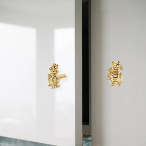 Vintage Brass Pig Shaped Drawer Pulls Chinese Style Decorative Cabinet Handles For Small Drawers Dressers Wardrobes And Storage Boxes Retro Hardware With Easy Maintain Shine shown on a white cabinet