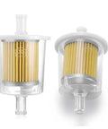 Three Eighth Inch Universal Inline Fuel Filter Kit For Gas Lines Pack Of Two, showing transparent casing and 3/8 fittings